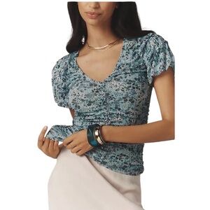 Anthropologie Blue Shirred Mesh Top size Medium, like new condition.